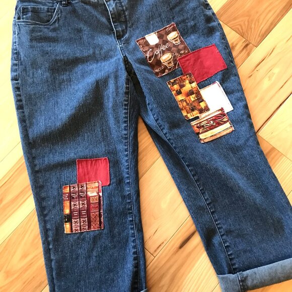 Upcycled Coldwater Creek Cropped Jeans, Coffee Books Theme Capris, Size 10 - Picture 10 of 10